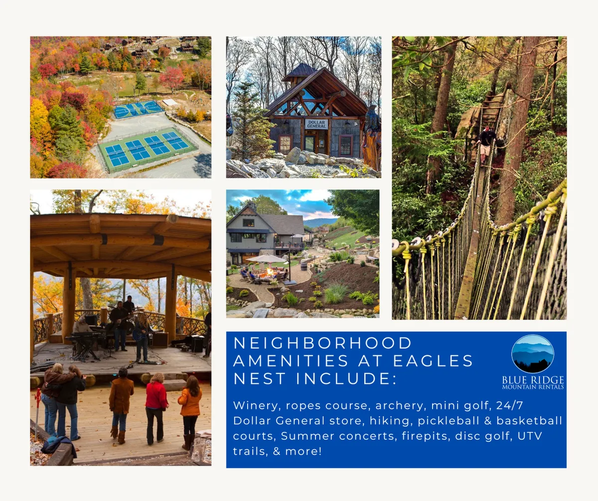 An expansive outdoor scene featuring the Great Camp's concert area set against a luxurious lodge and ropes course, with pickleball courts and a lush natural landscape. Families and groups are visible enjoying various activities, with a joyful, communal atmosphere highlighting concerts, mini golf, and outdoor fun.